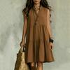 Sleeveless Button Front V Neck Loose Fit Tiered Dress Lightweight Casual Summer Dress for Women