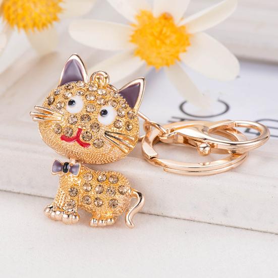 Keychain Pendant 3D Cartoon Cat Design Sparkling Rhinestones Inlaid Key Chain with Lobster Clasp Key Ring Bags Accessories