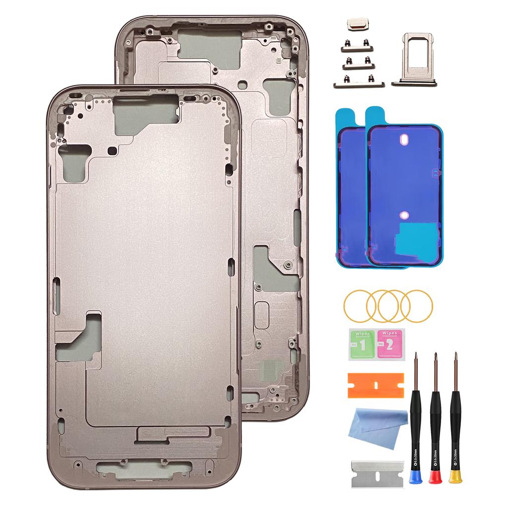 Back Housing for iPhone 15 (6.1-inch) with Glass Rear Cover, Middle Frame, SIM Tray and Repair Tools
