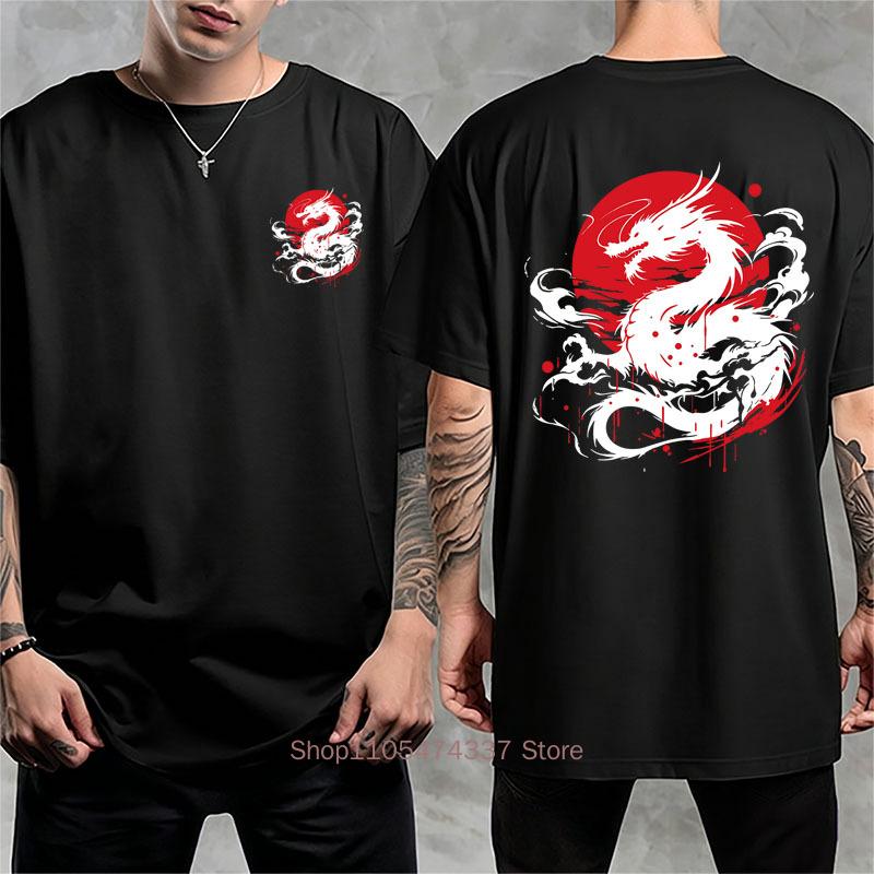 Japanese Dragon Print Tshirt For Unisex Summer Casual Fashion Harajuku High Street Tops Vintage Crew Neck Short Sleeve Cotton Tees
