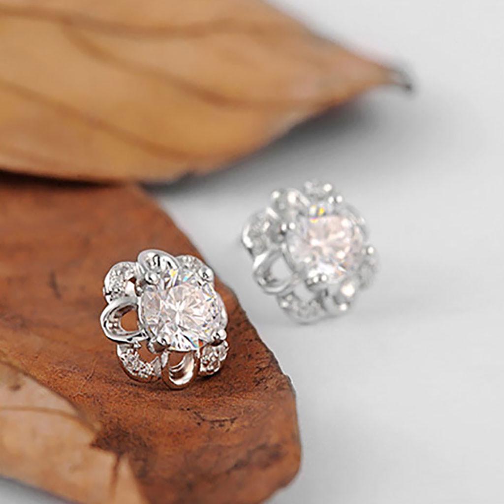 Womens Korean Fashion Elegant 925 Silver Plated Vintage Mini Simple Anti-allergy Zircon Crystal Hollow Out Flower Ear Studs Earrings Jewelry Love Gift