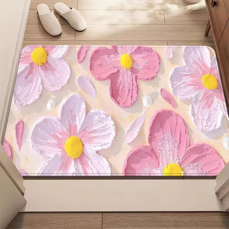 Spring Daisy Door Mat Illustrated Style Flower Pattern Entrance Rug Soft Non-Slip Welcome Carpet for Modern Indoor Outdoor Decor