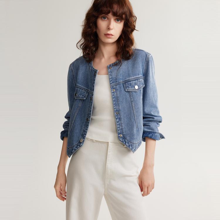 ELLE French Design Pure Cotton Long Sleeve Top Minimalist Denim Jacket Women tops Blue EF49345