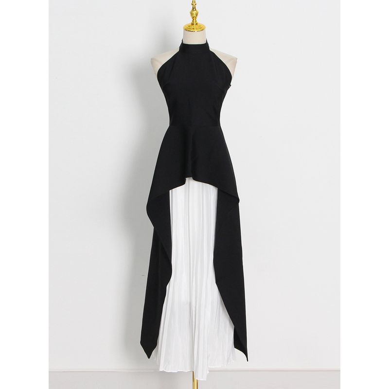 

Fashion Two-Piece Suit Spring New round Neck Sleeveless Waist Slim Looking Asymmetrical Slimming Suit Black S