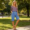 Womens Summer Casual Lounge Shorts Elastic Waist Drawstring Loose Fit Long Bermuda Shorts with Pockets for Daily Beach Travel