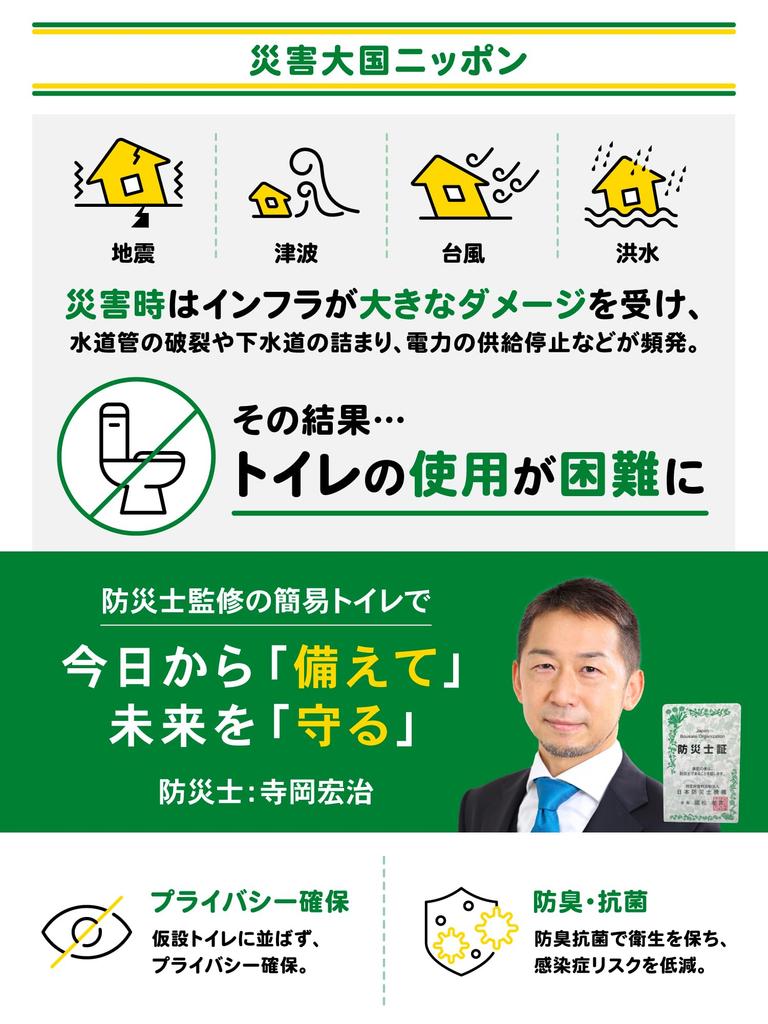 Made in Japan by a disaster prevention specialist. This portable emergency toilet pack contains 50 uses, comes in 5 individual bags, and has a