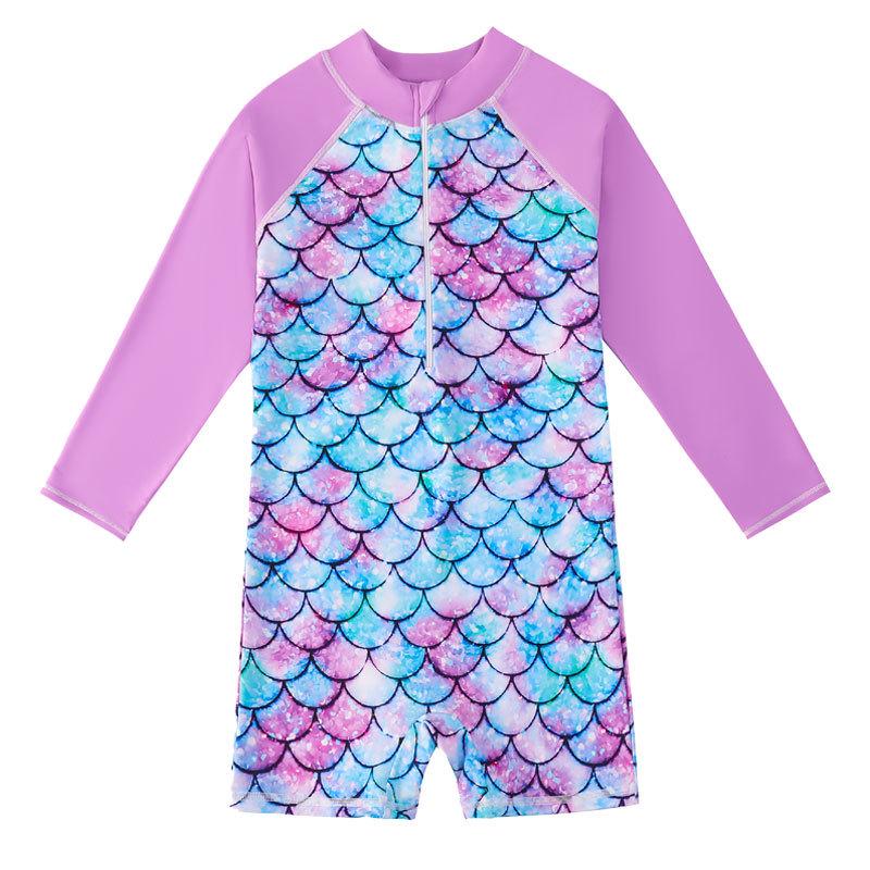 Long Sleeve Mermaid One-Piece Girls' Swimsuit with Sun Protection