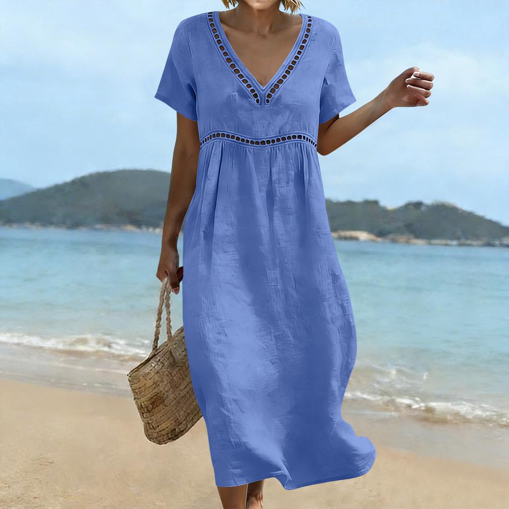 Women’s Summer V Neck Short Sleeve Cotton Linen Dress Hollow Lace Trim Loose Fit Midi Casual Dress for Daily Wear