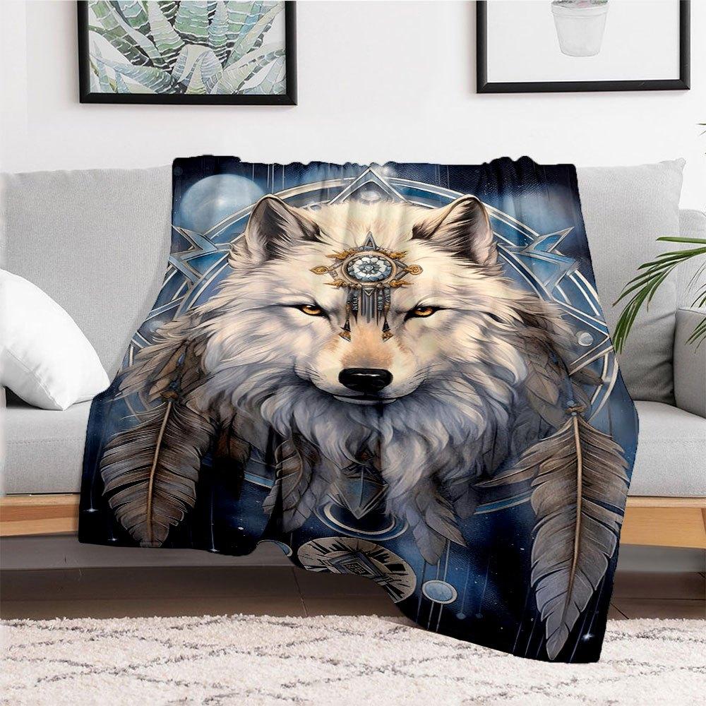 "White Wolf Spirit Dreamcatcher Wall Art Print"Blanket Flannel Throw Blanket for Sofa, Bed, Travel, Camping, Office, Couch, Chair, And Bed G