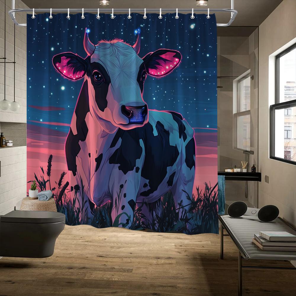 

Surreal Cow Shower Curtain – Cosmic Night Sky & Pastoral Field, Black-and-White Dairy Cow in Dreamlike Art, Includes Hooks, 90x180cm35x71in