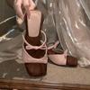 Fashion Bow wedge flip-flops Women wear 2024 new French square head open-toed line band fashion retro with skirt heels