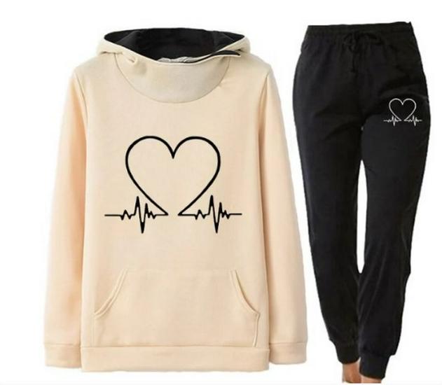 Women's Heartbeat Print Hoodie & Sweatshirt Set - Casual Sportswear for Spring & Autumn
