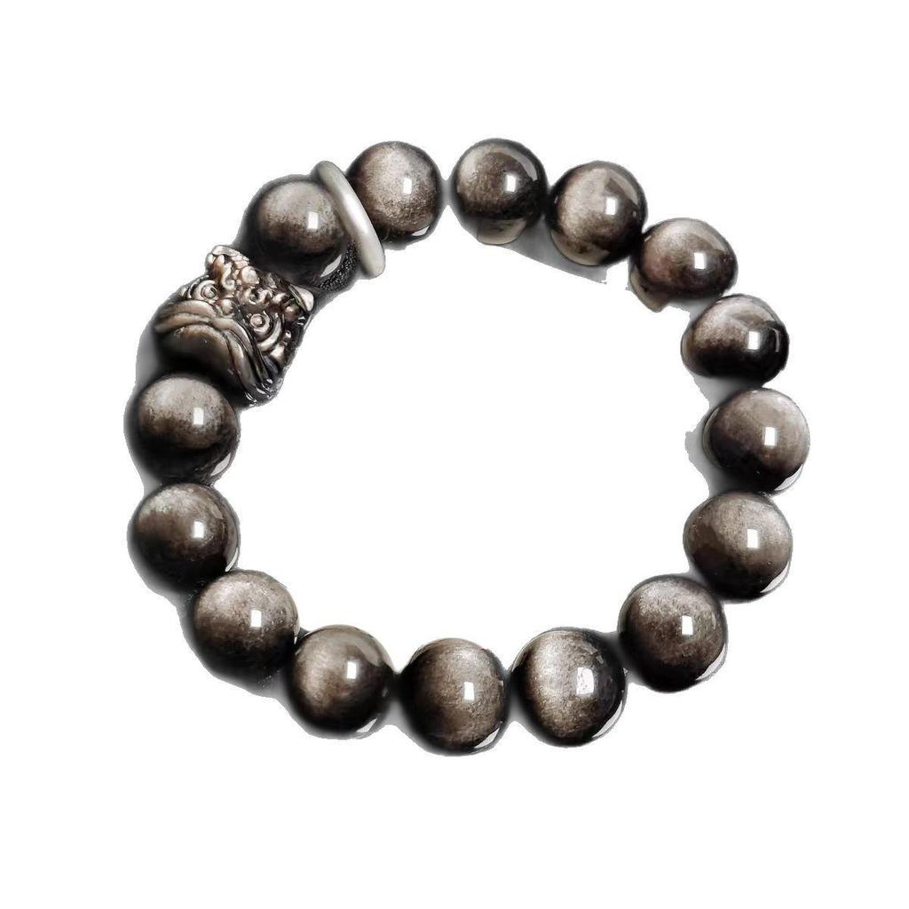Silver Obsidian Awakening Lion Bracelet - Trendy High-End Jewelry with Planet Bead and Silver Ring.