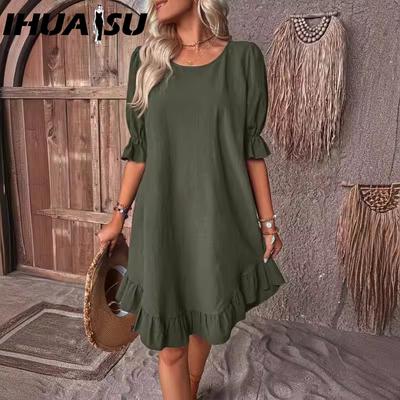 Frühling Sommer Damen Vintage Baumwolle/Leinen Mittellange Ärmel Rundhalsausschnitt Einfarbig Lockeres Swingkleid