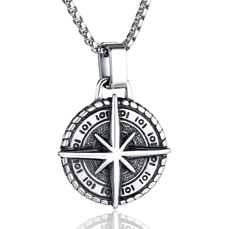 New Vintage Compass Compass Stainless Steel Chain Necklace Personalized Hip Hop Punk Style Long Sweater Necklace 60CM
