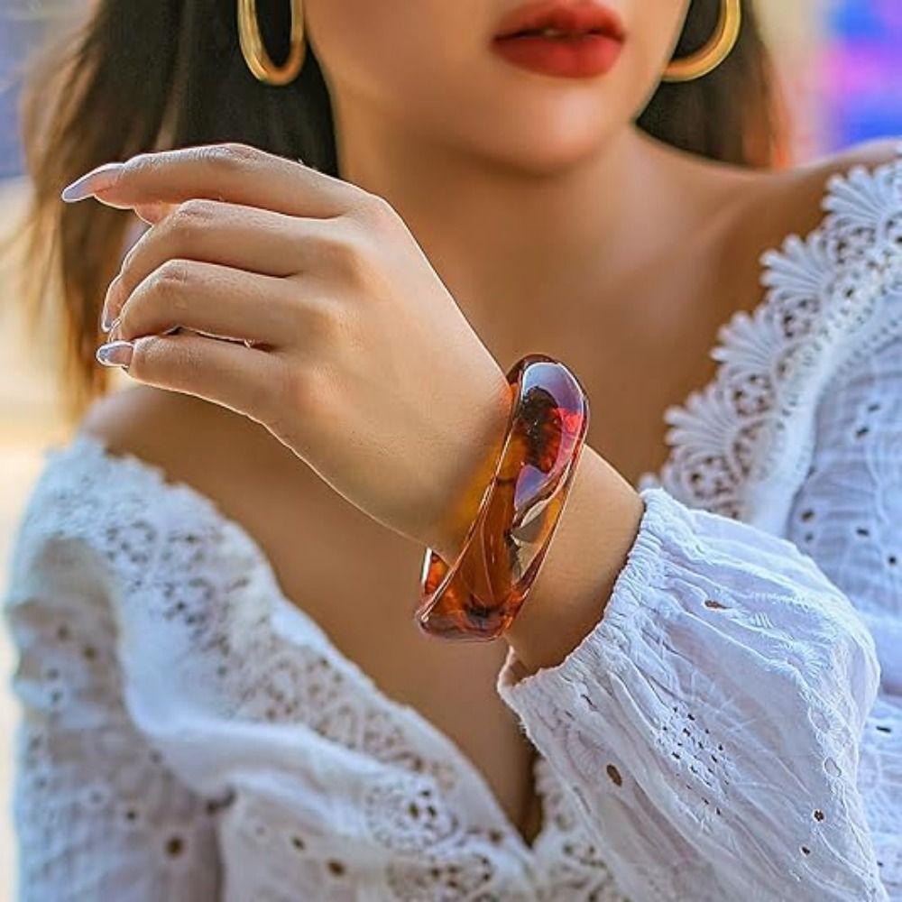 Geometric Resin Bangle Bracelet Wide Cuff Bracelet Multiple Color Acrylic Wristband  Women