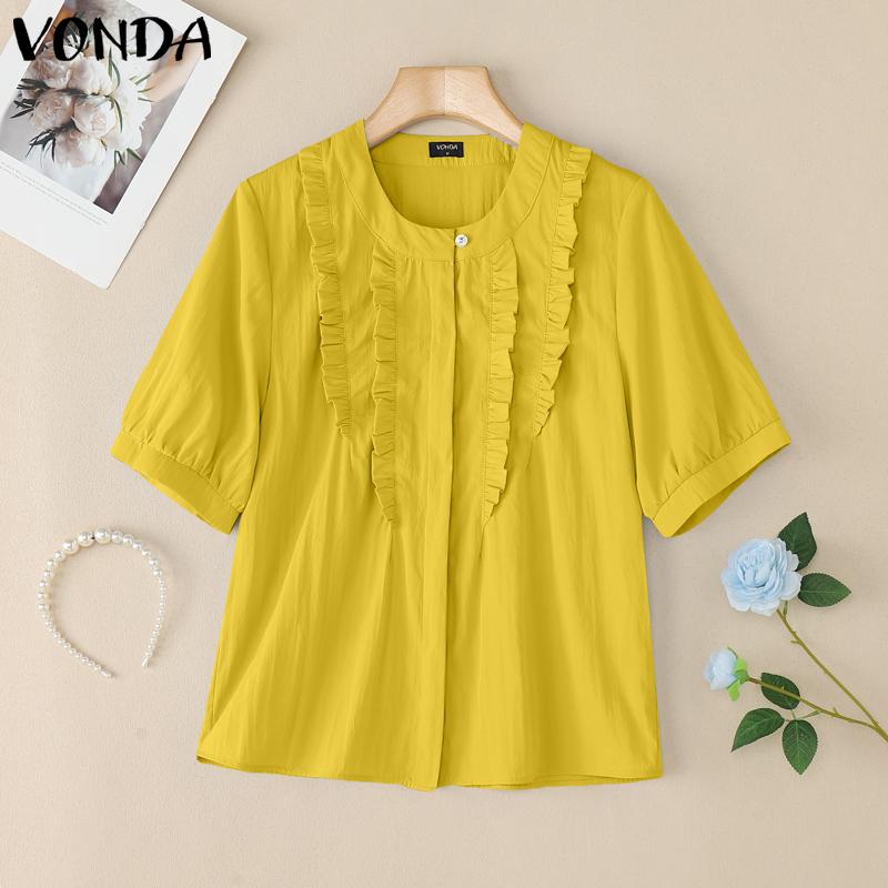 VONDA Elegant Women Puff Sleeve Ruffled Hem Patchwork Casual Blouse Tops