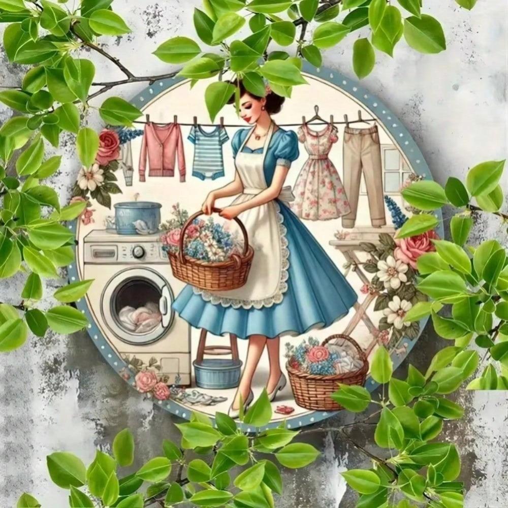 Chic Laundry Girl Metal Wall Art Round Painting Holiday Home Decoration