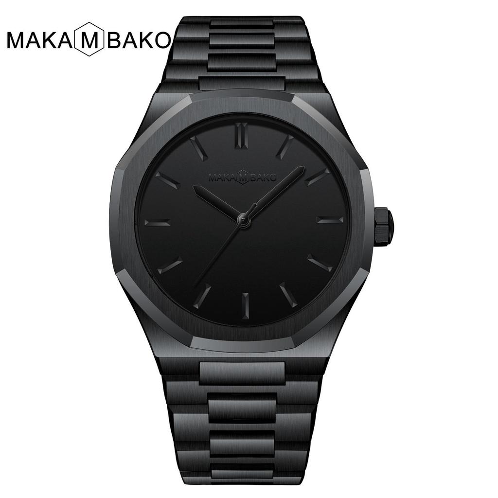 Hannah Martin Black Waterproof Watch with Japanese Miyota Movement and Polygonal Stainless Steel Bracelet.