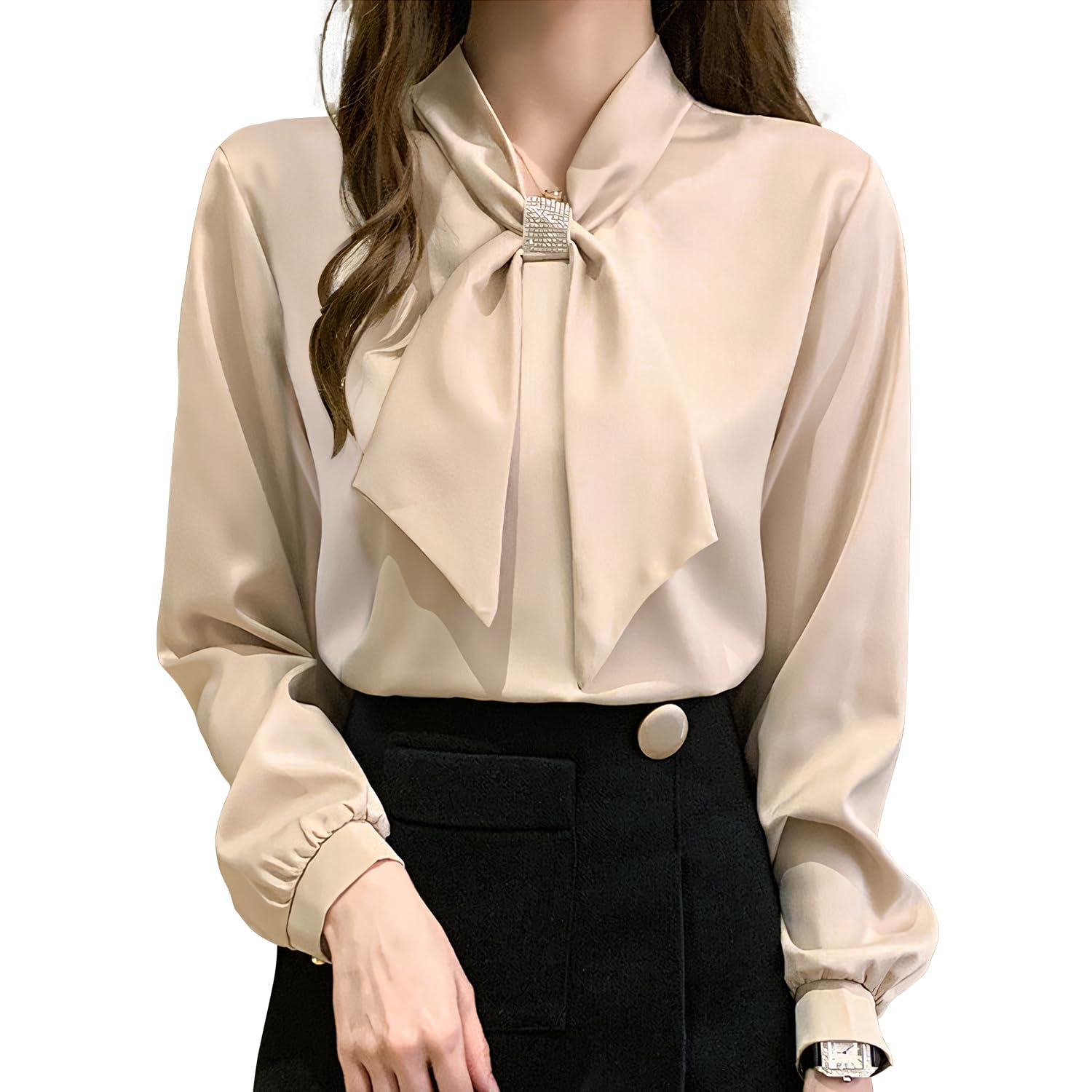 

[SYitong] JFashion Bow Tie Blouse, Fresh and Flowy Blouse with Ribbon, Long Sleeved, Stylish, Office Casual Chiffon Blouse, Spring Clothing, Ribbon Bl