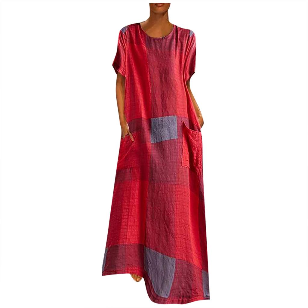Women’s Fashion Casual  Plaid Cotton Linen Short Sleeve Loose Long Dress