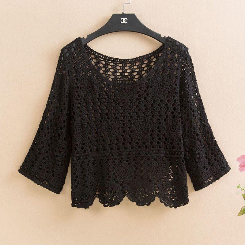 

Женский летний пуловер с ажурной вязкой крючком - Свободный топ-накидка с рукавом пять четвертей в корейском стиле 2XL (Recommended 131-150 jin)