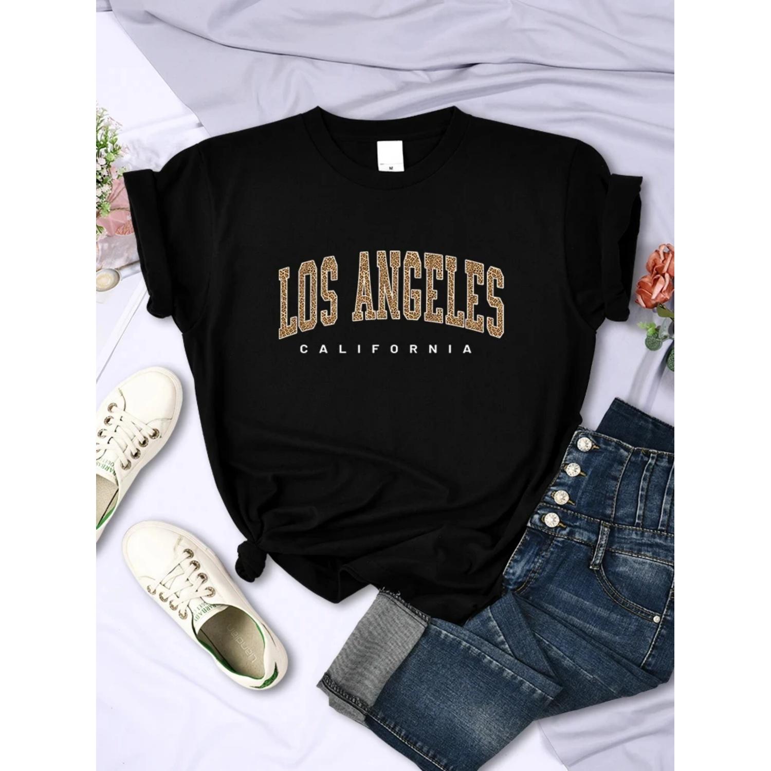 

Los Angeles California USA City Leopard Print T-Shirt Women Fashion Short Sleeve Summer Breathable Soft T Shirts Female 70533 XXXXXL