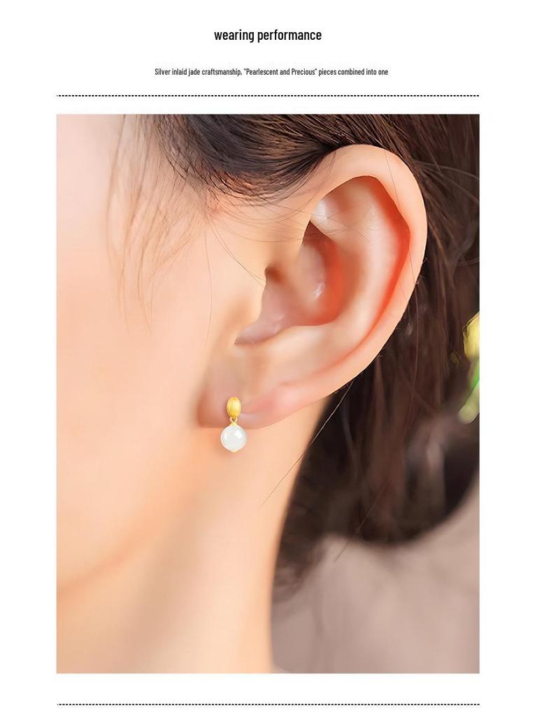 S925 Silver Hotan White Jade Round Bead Earrings for Women - Simple, Luxurious Design