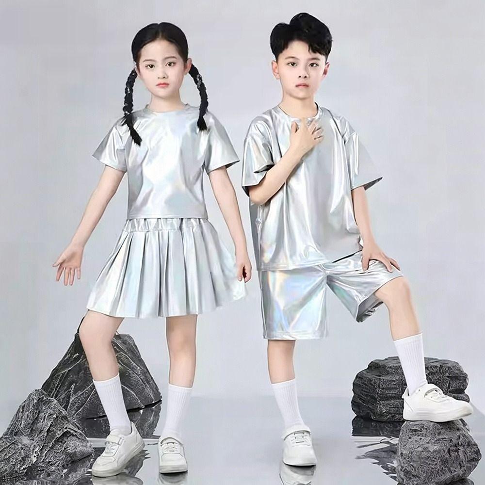 Silver Jazz Dance Costume Runway Street Dance Costume Fashion Children Hip-hop Set Boys Girls