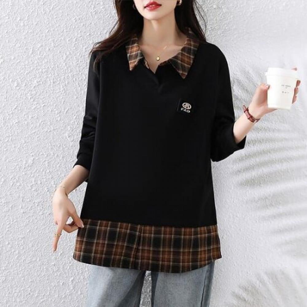 Navava Women Long Sleeve Sweatshirt Layered Check Collar Nt2972