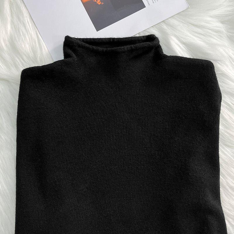 Women's Slimming Korean Style Minimalist Knitwear - Soft Stand Collar Long Sleeve Sweater for Spring/Autumn