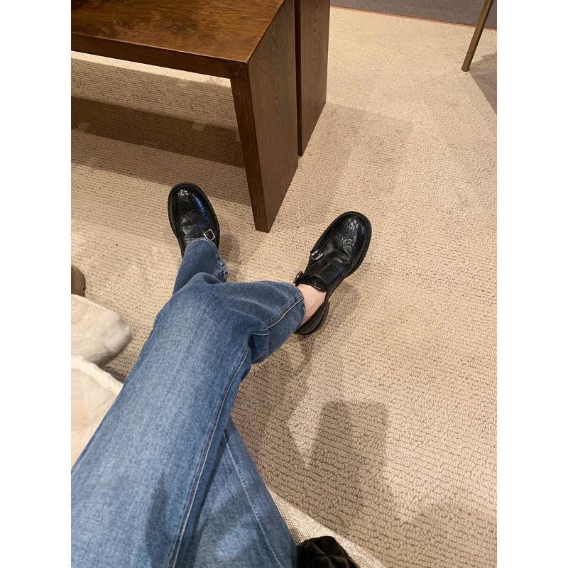 Sheepskin Shrinkled Horse Leather Double Button Heel Carved British Lazy Small Leather Shoes Women's Platform