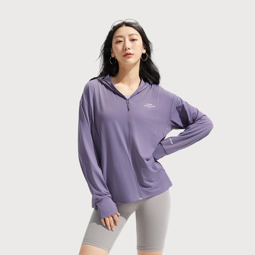Li Ning Ice Cream Letter Zipper Hooded Comfortable Breathable Versatile Loose Jacket Women Jackets Dark-Gray Purple AFDVE46-4