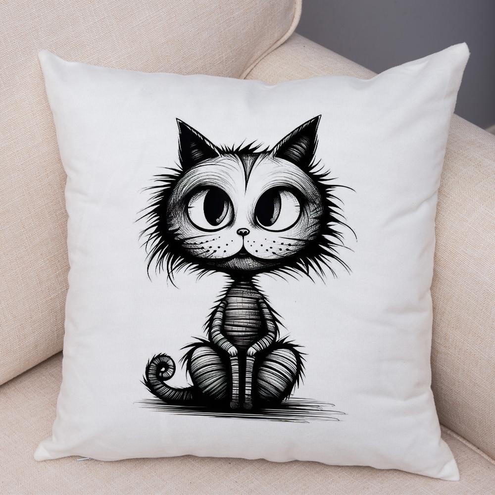 Grumpy Black Cat Pillowcase Double Print Striped Whimsical Cat Cushion Cover Soft Plush Curly Eared Fierce Cat Pillowcase
