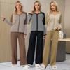 New Autumn and Winter V-neck Color Matching Striped Knitted Bat Sweater Loose Wide-leg Pants Knitted Two-piece Set