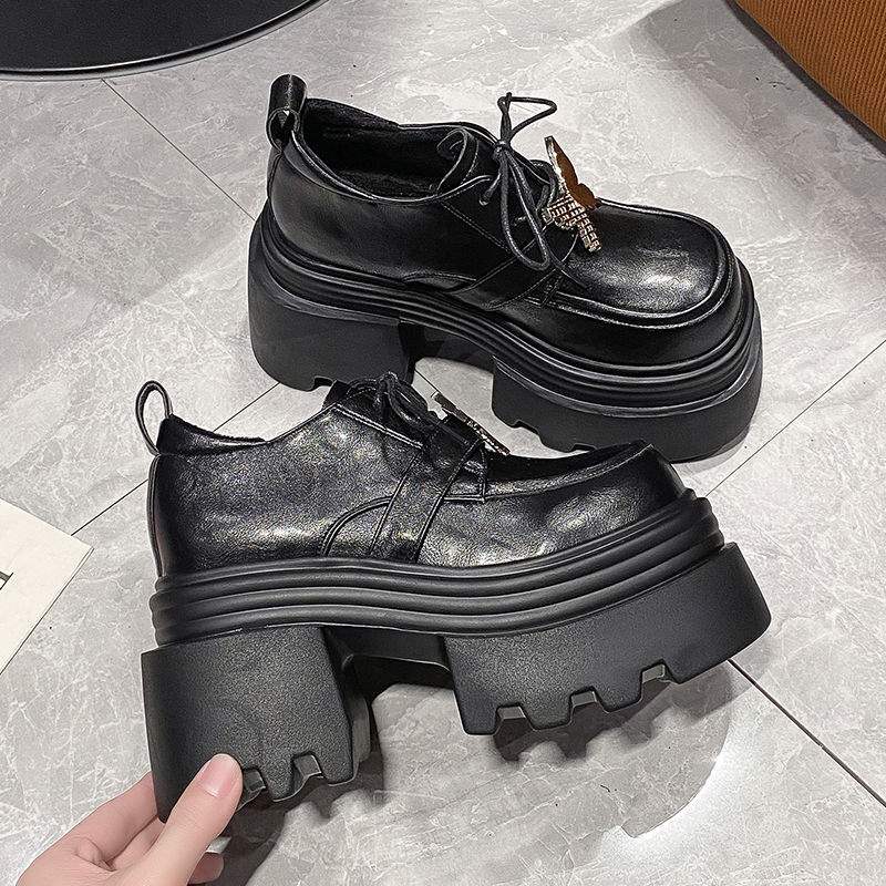 British style platform thick-heeled loafers women's 2025 autumn and winter new velvet fashion versatile black high-heeled small leather shoes