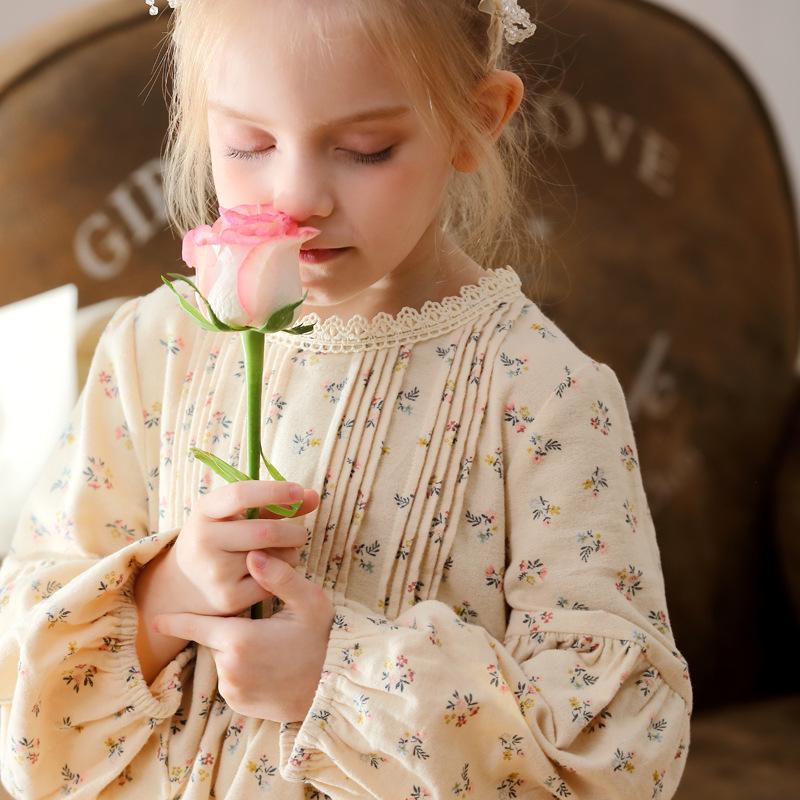 Spring 2026 Korean Forest-Style Floral Print Dress with Pleated Stand Collar, Puff Long Sleeves, and Lace Accents for Girls