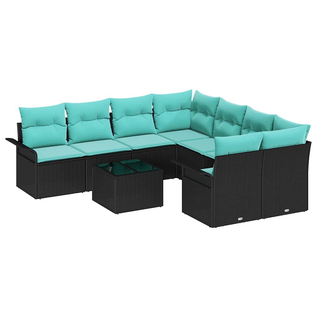 Garden Sofa Set with Cushions 9 pcs Black and Turquoise Poly Rattan