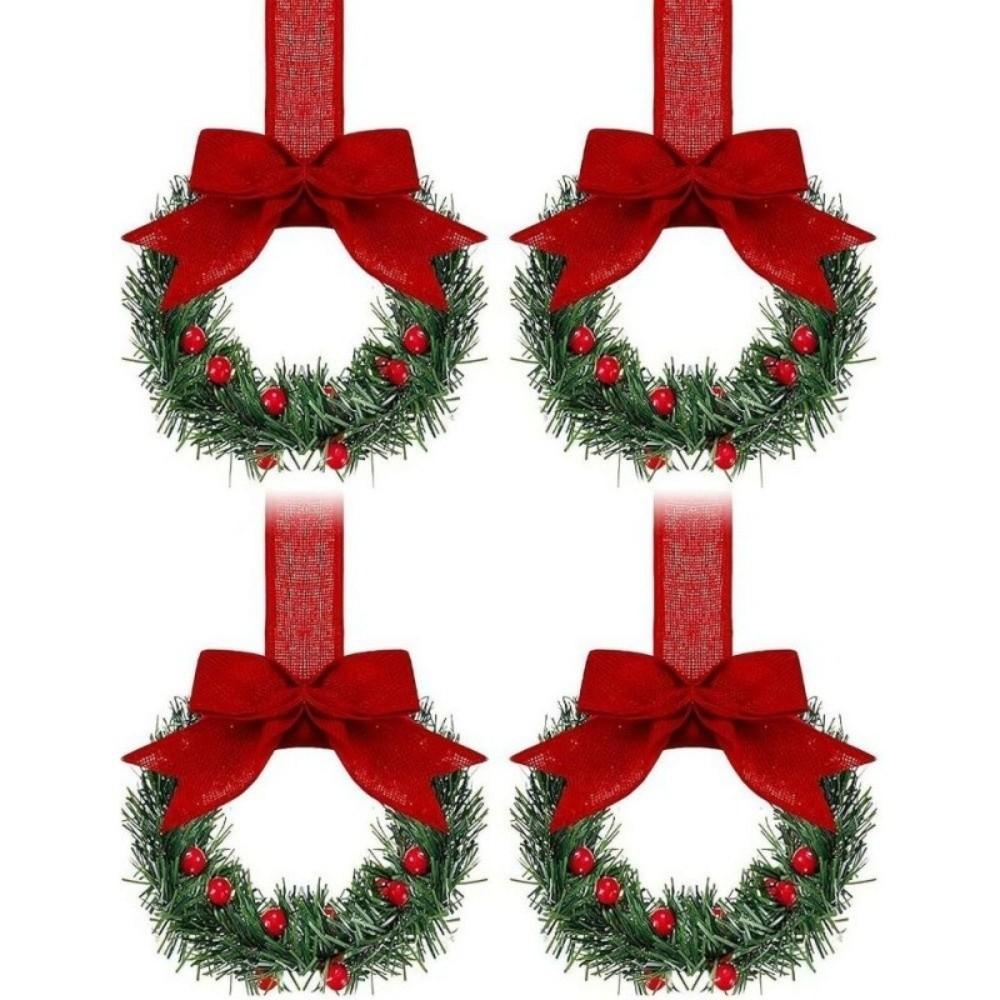 4pcs New Pinecone Christmas Wreath Red Berry 13cm Artificial Garland Festive 3D Door Hanging Ornament Wall Decor