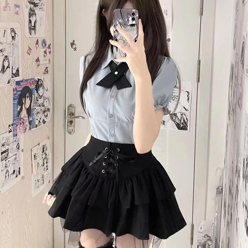 Japanese Academy Style Women's Short-Sleeved Shirt & Fluffy Layered Skirt Set
