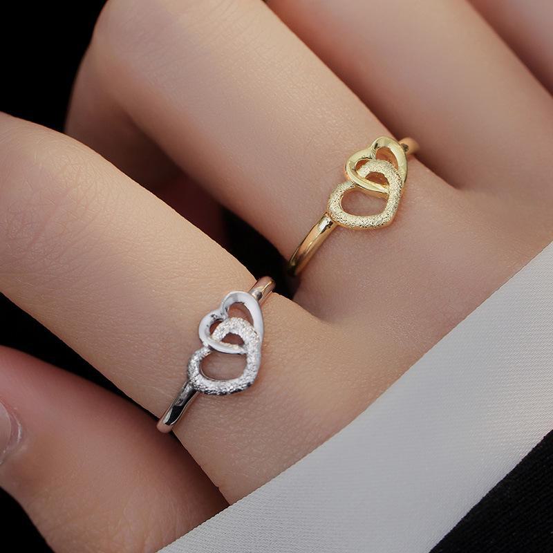 Banyan Tree S925 Silver Frosted Double Love Ring for Women - Elegant and Versatile Heart-to-Heart Gift