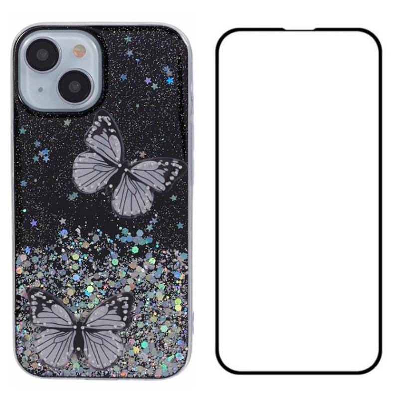 

For iPhone 14 Case with Screen Protector TPU Phone Cover 3D Butterfly Bling Black