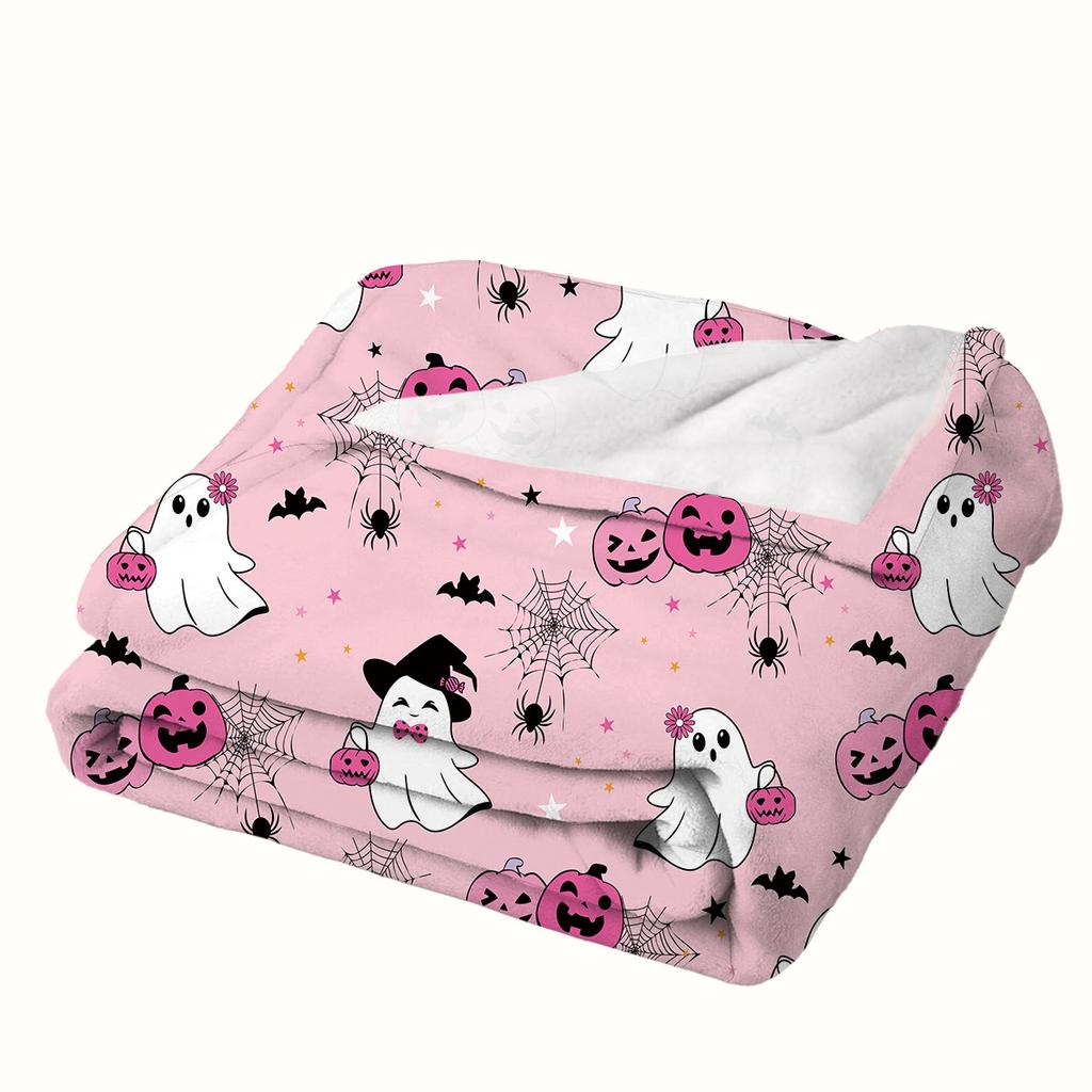 1pc Pink Orenge Halloween Blanket Ghost Pumpkin Printed Skin-Friendly Soft Blanket New for Home Sofa Halloween Decoration