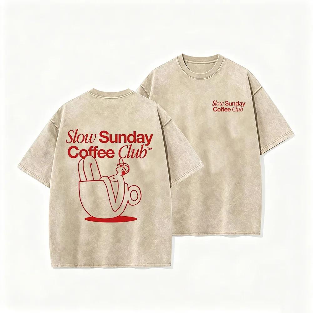 2026 Mens Tops Slow Sunday Coffee Club Funny Meme T Shirts Men Retro Fashion Cotton Tshirt Unisex Harajuku Aesthetic Clothing T