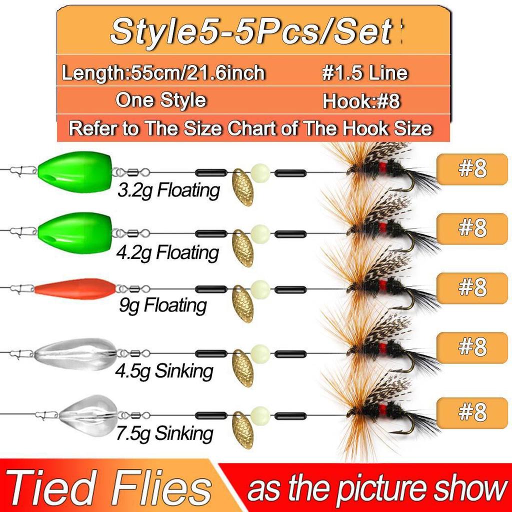 Sada 5 ks připravených vázaných mušek s rotačkami Lžíce/vrhač pro lov pstruhů pro muškaření Normální rybářská návnada na prut/naviják Umělá návnada