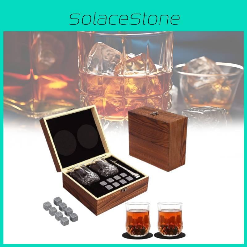 Luxusní sada whisky sklenic z hnědé žuly s whisky kameny a dřevěnou krabičkou