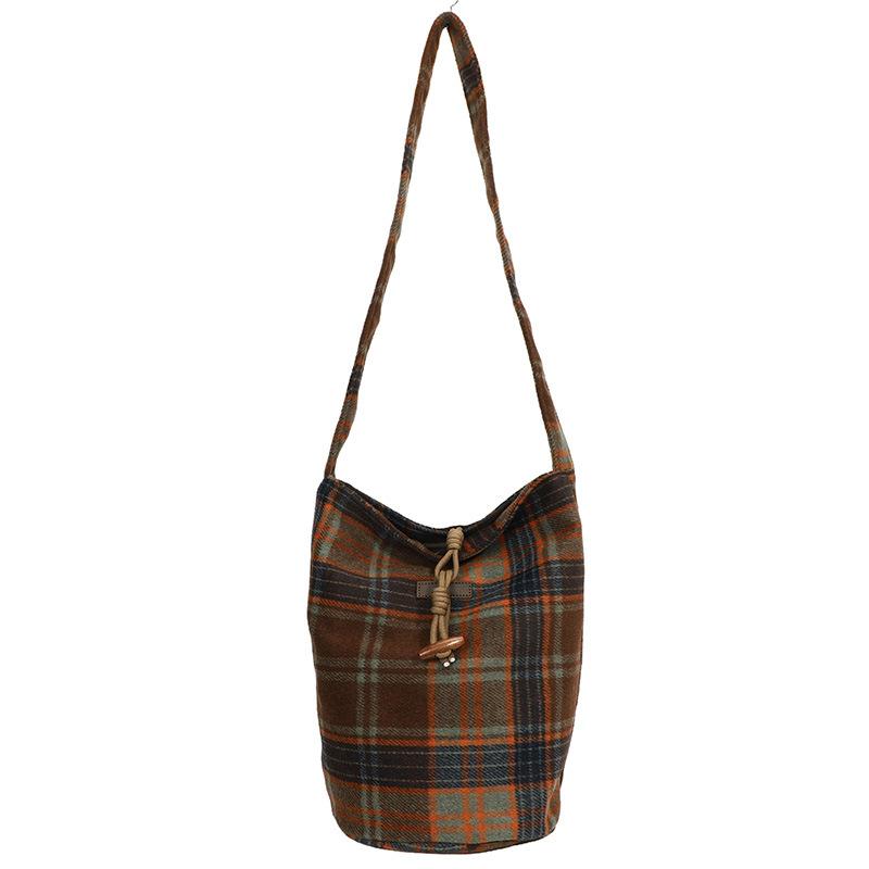 Autumn and winter woolen plaid large bag women's 2025 new college feng shui bucket bag large capacity fashion one-shoulder crossbody bag