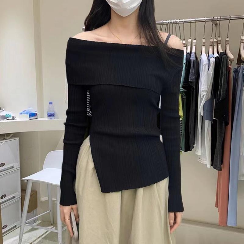 Autumn retro one-word shoulder pullover shows thin split irregular new thin casual knitted sweater top women