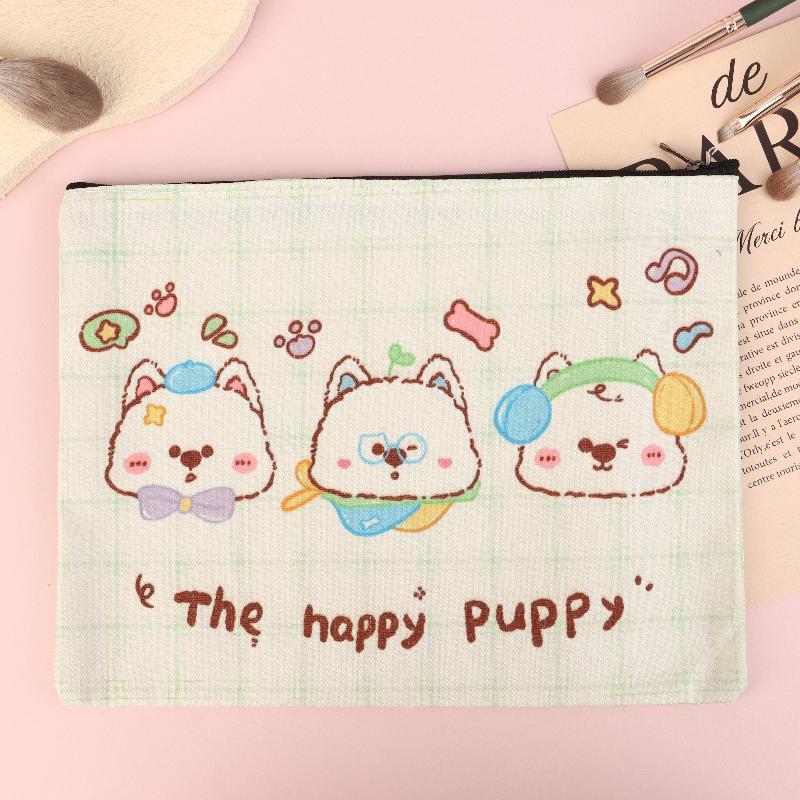 Happy Puppy Cosmetic Bag Lovely Cartoon Little Dog Makeup Storage Bag Travel Toiletry Bag Large Capacity Canvas Storage Pouch