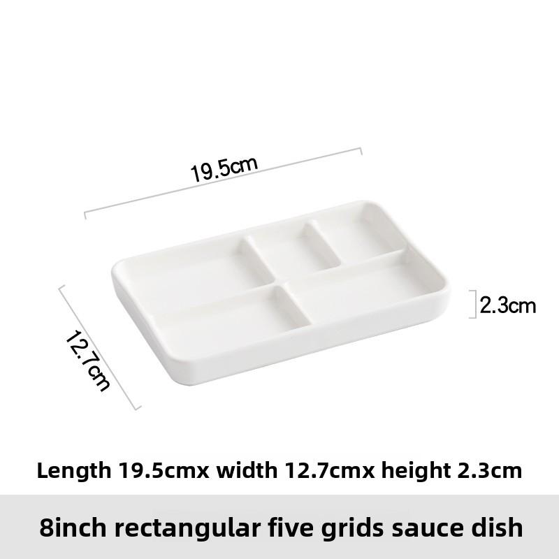 White rectangular multi-compartment ceramic seasoning compartments plate, dipping sauce, side dishes, barbecue sauce dish